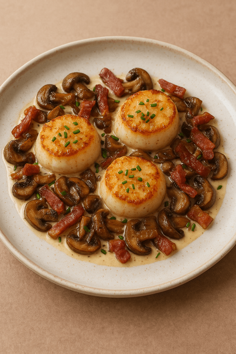 Recette de Saint-Jacques, guanciale et champignons : l’harmonie terre-mer