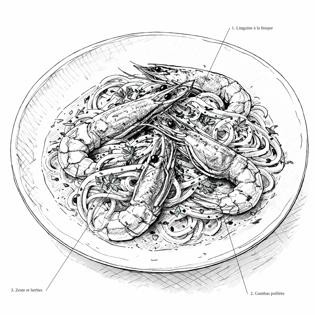 Linguine aux gambas de Nouvelle-Aquitaine nappées de bisque maison aux têtes rôties