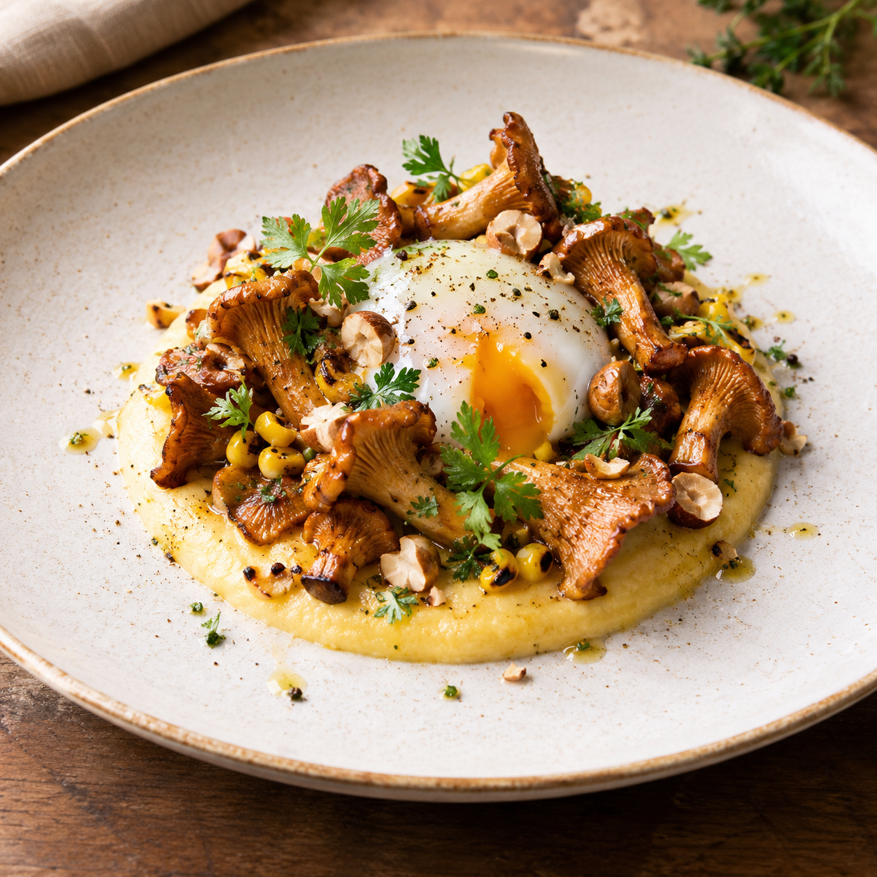 Girolles juste poêlées, œuf parfait, crème de maïs grillé et noisettes