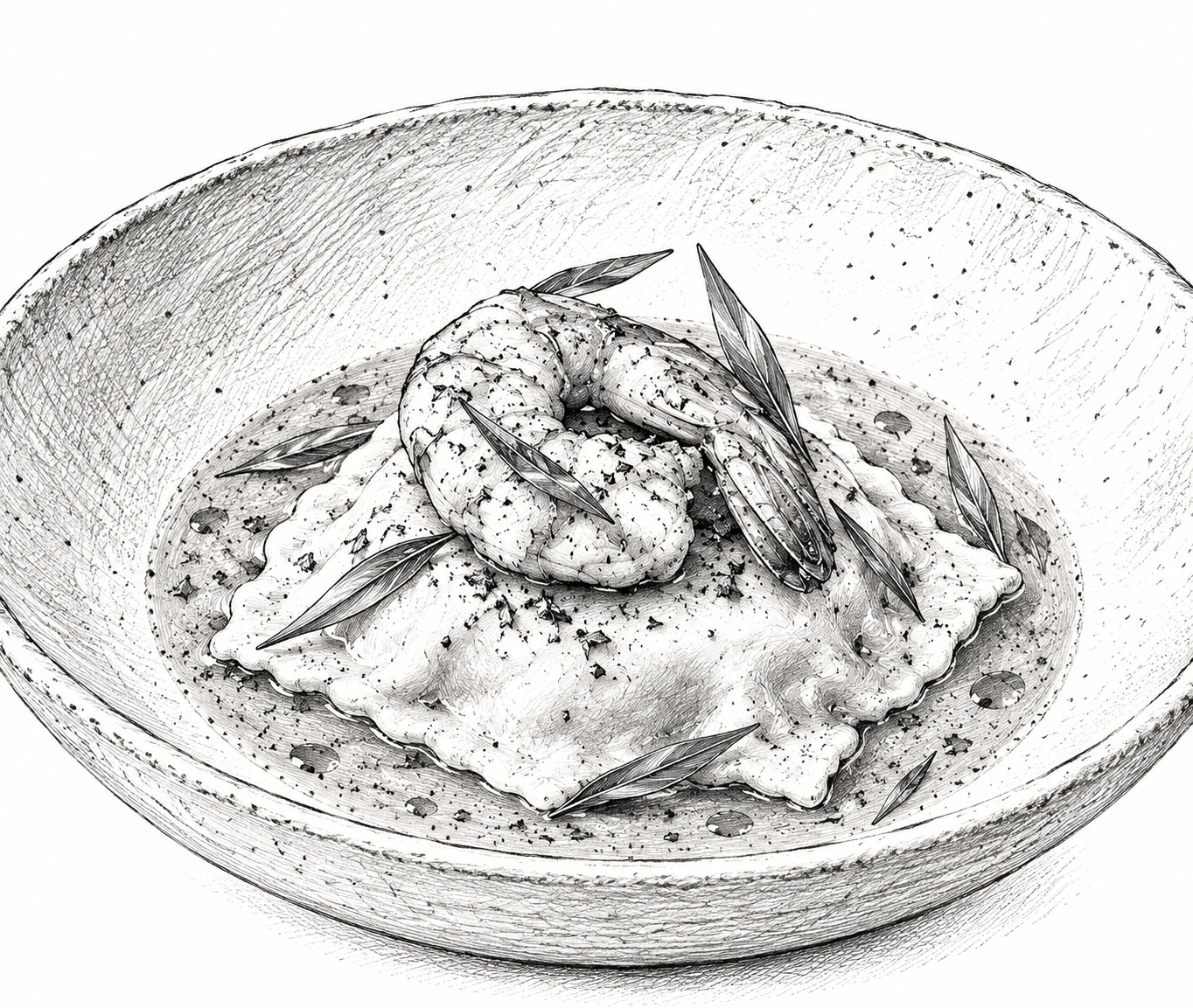 Croquis de présentation d’une raviole de gambas à l’estragon avec son jus de crustacés.