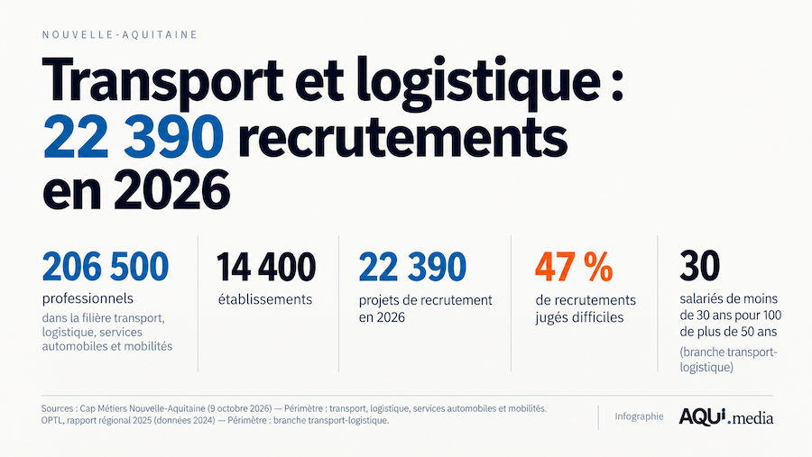 Infographie AQUI.media : 22 390 recrutements prévus en 2026 en Nouvelle-Aquitaine, dont 47 % jugés difficiles, selon Cap Métiers.