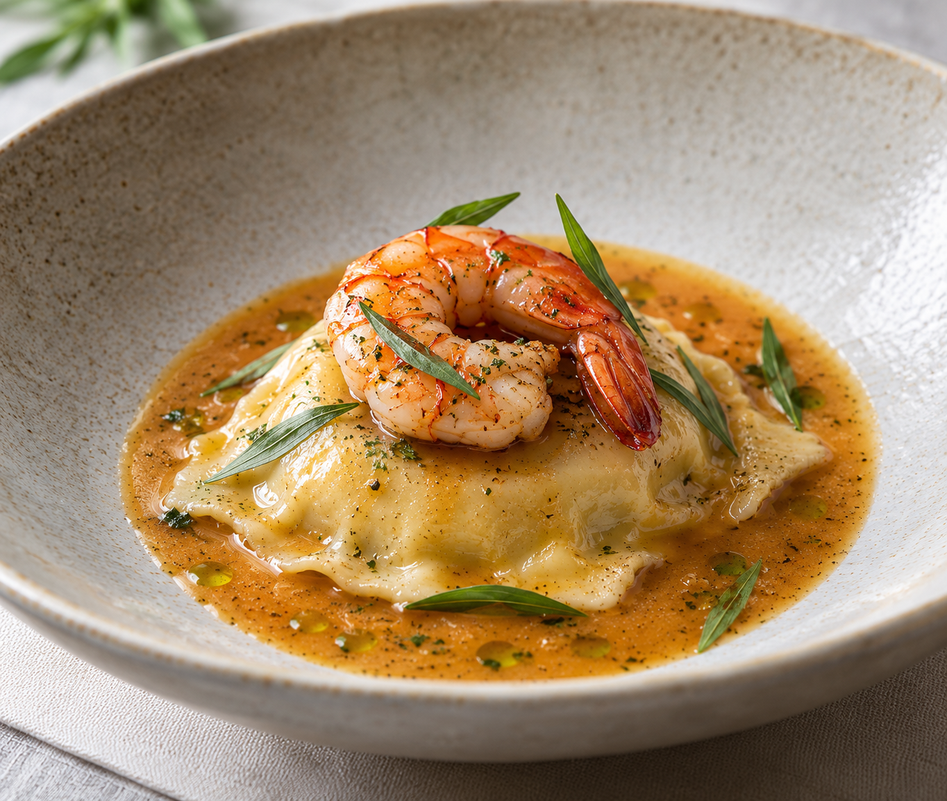 Raviole de gambas à l’estragon, jus corsé de têtes de gambas