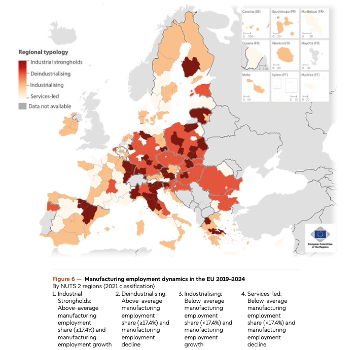Manufacturing employment dynamics in the EU 2019-2024 By NUTS 2 regions (2021 classification)  Source: Data retrieved from Eurostat (dataset code lfst_r_lfe2en2), based on Rodríguez- Pose and Bartalucci (2026)22. Administrative boundaries @EuroGeographics @UN-FAO @Turkstat Cartography: Eurostat- IMAGE, 07/2026